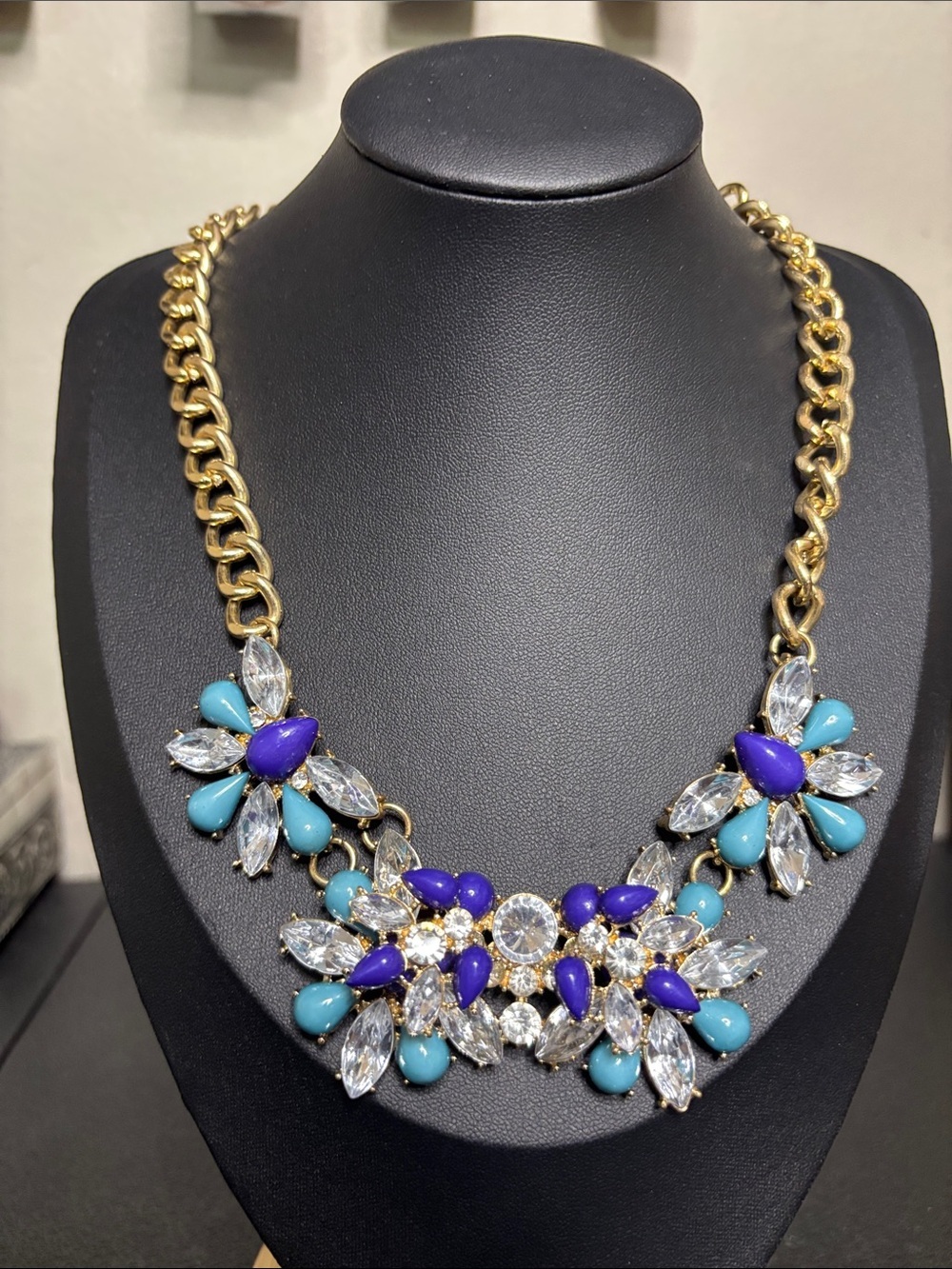 Gold-Chain Statement Necklace with Turquoise & Purple Gem Accents
